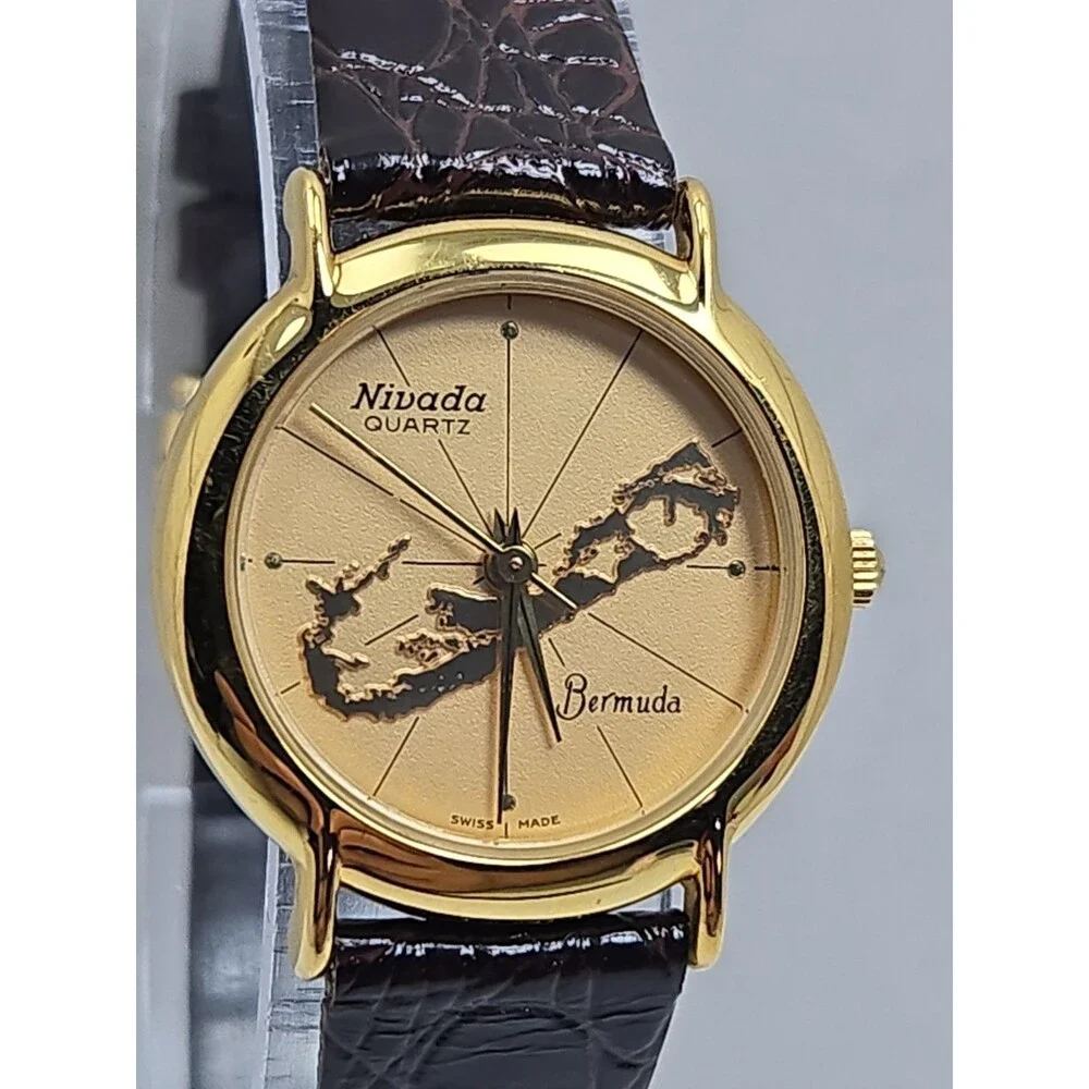 Womens Vintage Nivada Bermuda Map Swiss Quartz Gold Leather Watch New Battery